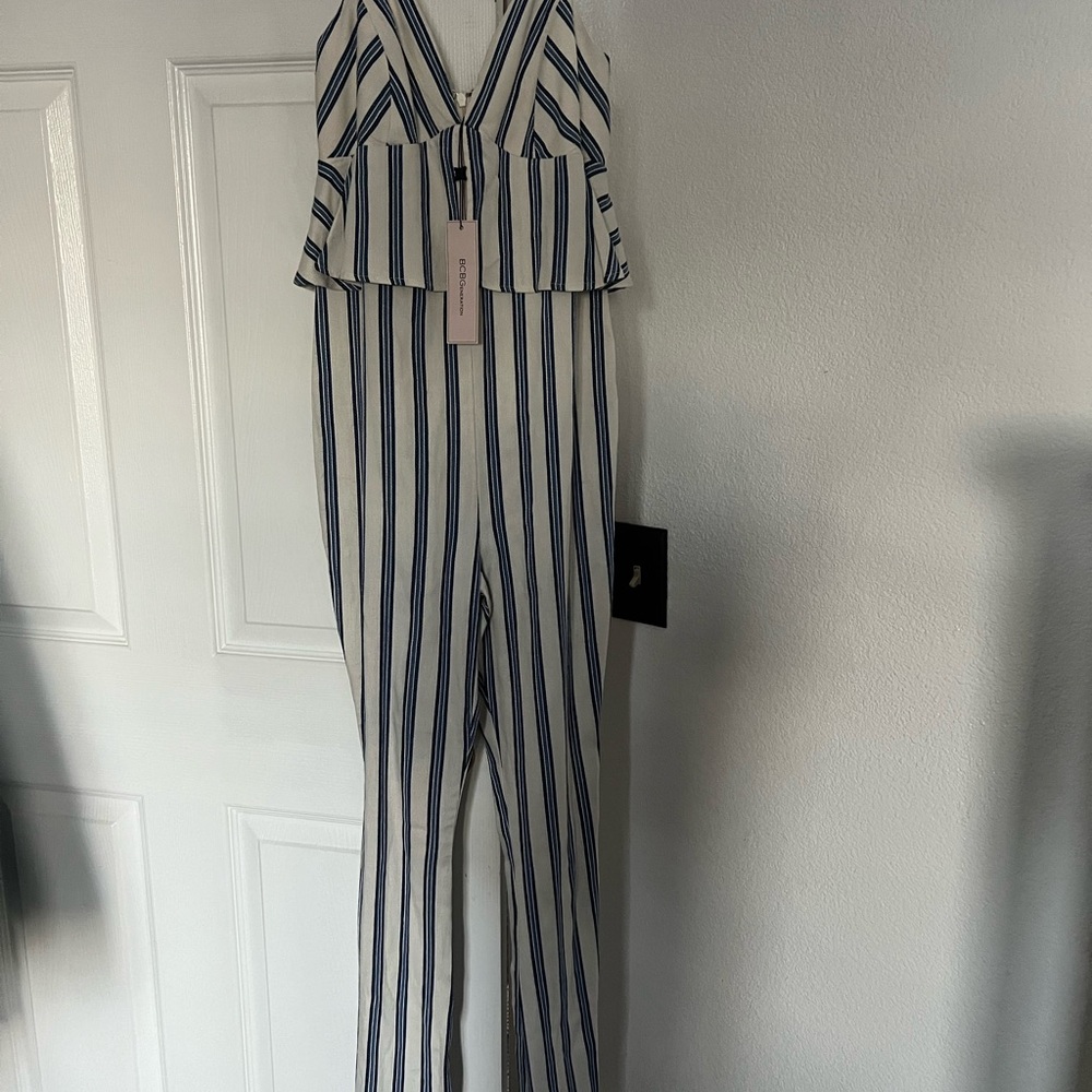 BCBGeneration Navy and White Striped Jumpsuit